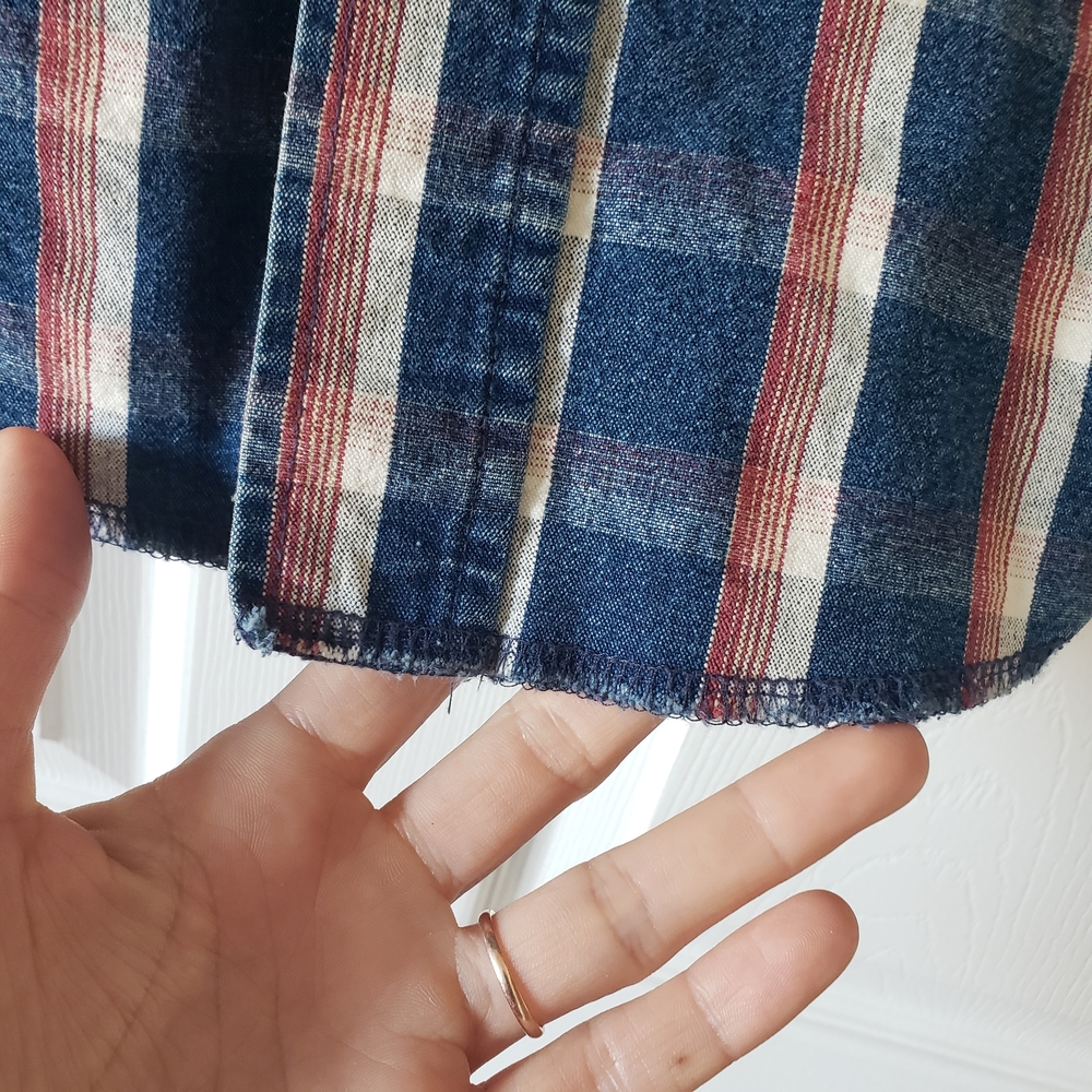 Slim Fit LRG Wrangler Mens Red White Blue Denim Plaid Button Up Western Shirt - Picture 5 of 14